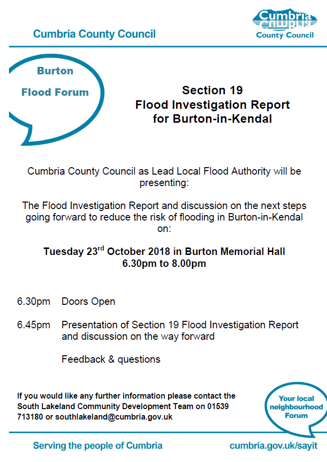 Village meeting about flooding Tuesday 23rd October 2018, 6.30-8.00pm, Burton Memorial Hall